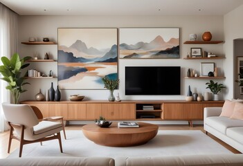 A modern living room with a tv, decoration paintings, and a tv furniture set.