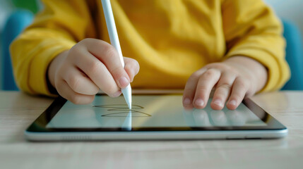 Close-up of a child's hands using a stylus to draw on a tablet, illustrating digital creativity and learning.