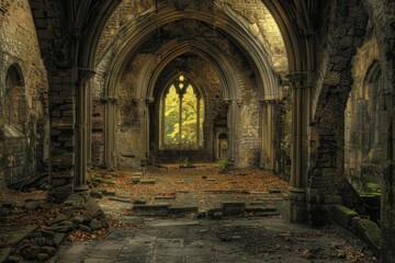 Fototapeta premium Sunlight is illuminating the interior of an abandoned church ruin