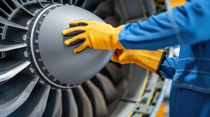 Engineer wearing gloves performing maintenance on a jet engine, showcasing precision and technical expertise in aviation mechanics.