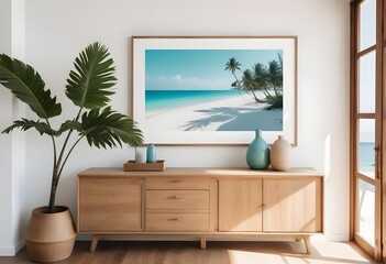 Modern living room - decoration poster with vases and plant on a buffet