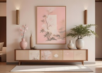 Modern living room - decoration painting with vases, lighting,  and plants. Tv furniture included.