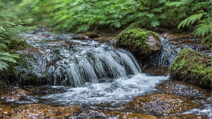 Fototapeta premium Close-up small waterfall forest water flowing over rocks A clo