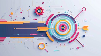 Obraz premium Minimalistic digital design of a business strategy with arrows and icons on a clean background.
