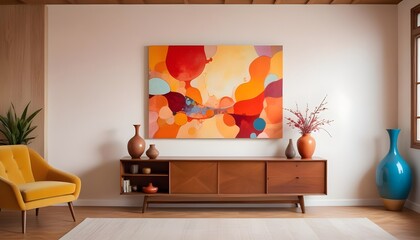 Modern living room - decoration painting with vases, lighting,  and plants. Tv furniture included.