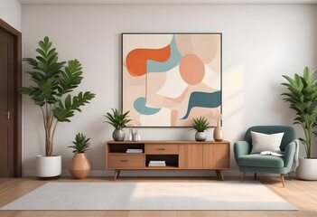 Modern living room - decoration painting with vases, lighting,  and plants. Tv furniture included.