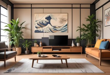 Modern living room - decoration painting with vases, lighting,  and plants. Tv furniture included.