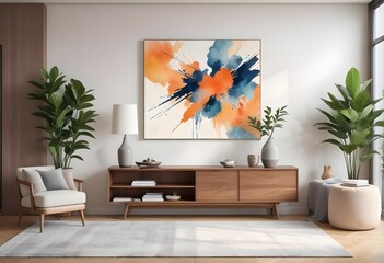 Modern living room - decoration painting with vases, lighting,  and plants. Tv furniture included.