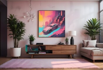 Modern living room - decoration painting with vases, lighting,  and plants. Tv furniture included.