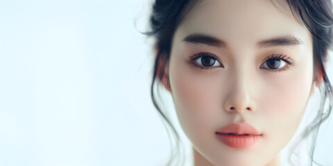 Fototapeta premium A close-up portrait showcasing the beauty of a young Asian woman with flowing black hair and subtle light makeup.