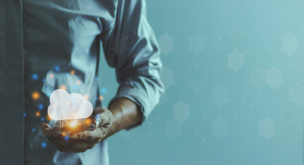 Man uses smartphone mobile phone with cloud computing diagram in hand, Data storage, Cloud technology, Cloud Computing Storage