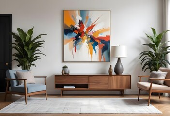 A modern living room with a big painting, tv furniture and decorational objects.