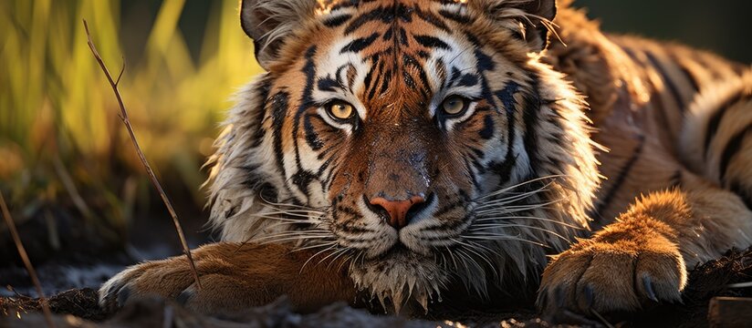 Tiger portrait and facing forward. Wild animals