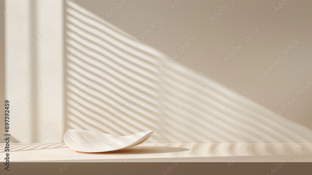 Poster Minimalistic abstract shapes and lines define this modern sculpture on a table, highlighted by window shadows and soft light, set against a beige background.