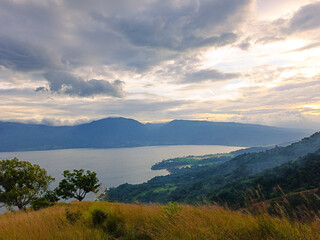 Beautiful view of Lake Singkarak from the top of Aua Sarumpun, West Sumatra