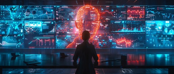 Futuristic Virtual Business Meeting with Neon Avatars and Data Visualizations