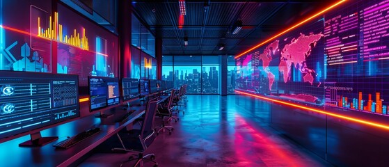 Fototapeta premium Futuristic Office Workspace with Digital Neon Interfaces Showing Breaking Economic News and Business Analytics