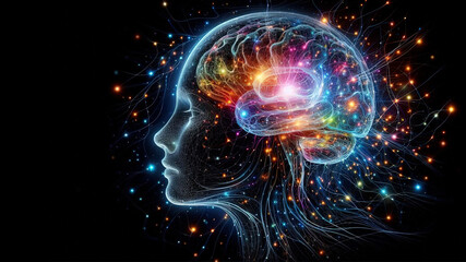 Naklejka premium Digital representation of the neural network of a healthy human brain. Generative A.I.