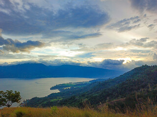 Beautiful view of Lake Singkarak from the top of Aua Sarumpun, West Sumatra