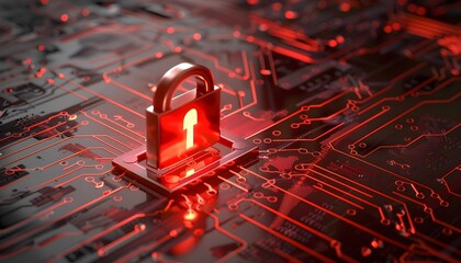 Cyber Security - Red Padlock on a Circuit Board