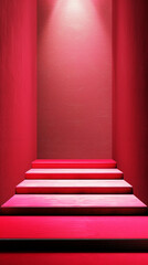 Empty red staircase with wooden steps and a spotlight on the textured red wall. Concept of grand entrance, dramatic presentation, or elegant design.