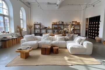 Cozy living room with white furniture, wooden accents, and natural light, creating a warm and inviting space