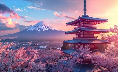 Obraz premium A stunning Japanese pagoda surrounded by cherry blossoms, with Mount Fuji in the background at sunrise. 