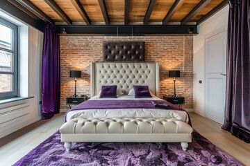 Industrial bedroom with exposed brick walls, purple accents, and modern furniture, creating a stylish and inviting atmosphere