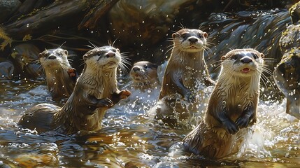 Obraz premium Playful Otters in a Forest Stream