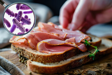Hand holding ham sliced on a piece of bread with Listeria Bacteria originating from contamination, Concept of Listeria outbreak, Generative AI