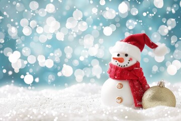 Fototapeta premium Snowy winter scene with cheerful snowman and Christmas decorations