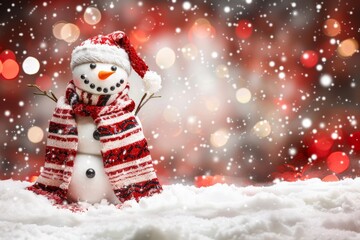 Obraz premium Festive snowman wearing scarf and hat with winter bokeh lights