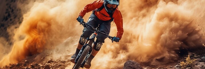 A professional cyclist rides an enduro trail bike on a dusty terrain, kicking up a cloud of dirt. Generative AI