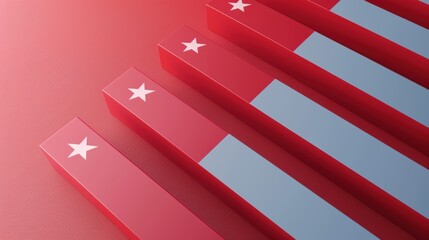 Fototapeta premium Red and Blue Bars with White Stars Stylized red and blue bars with white stars, arranged in a geometric pattern, representing patriotism and American symbolism