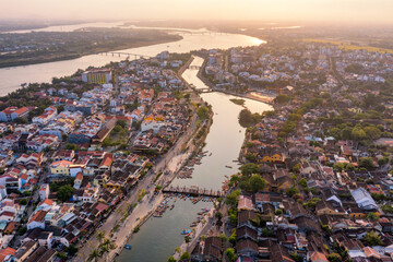 Fototapeta premium Aerial drone view of Hoi An city, Vietnam. Ancient town, UNESCO world heritage, at Quang Nam province.