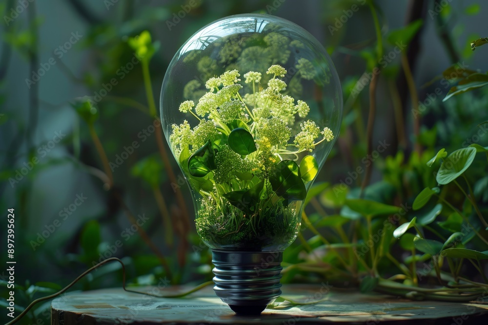 Sticker A terrarium with green plants and flowers in a light bulb showcases artistic botanical beauty and creativity