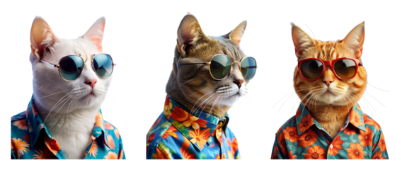 Set of cool cat wearing sunglasses and Hawaiian shirt with floral pattern cut out isolated on transparent background. Ideal for fun, quirky and summery designs. The cat on vacation to Las Vegas