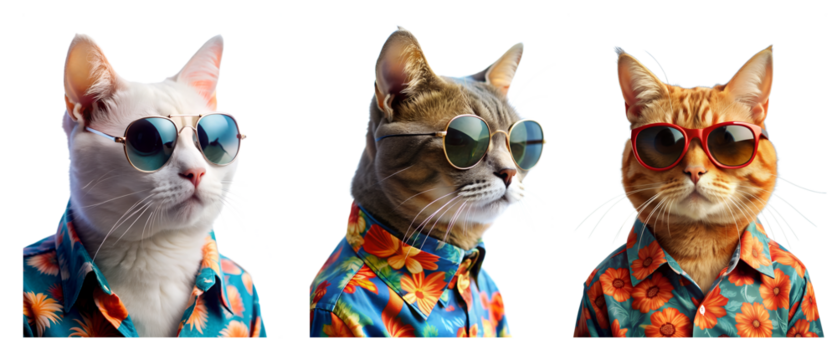 Set of cool cat wearing sunglasses and Hawaiian shirt with floral pattern cut out isolated on transparent background. Ideal for fun, quirky and summery designs. The cat on vacation to Las Vegas