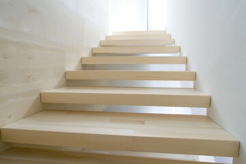 Modern minimalist wooden staircase in a bright interior space