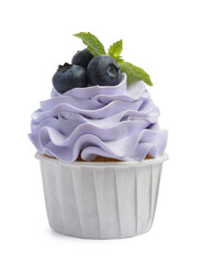 Tasty cupcake with blueberries and mint isolated on white