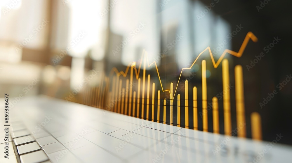 Poster bar graph with a sharp increase in stock values on a clean white background, reflecting strong marke