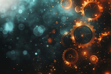 Glistening gears in a dreamlike orange and blue bokeh background