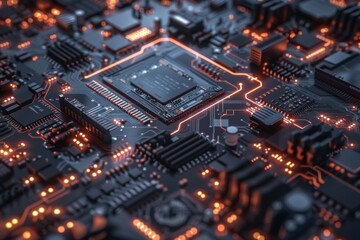 Fototapeta premium Close up of a modern circuit board, illuminated with glowing orange lines, highlighting the complexity of modern technology