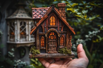 Magical miniature fairy house held in hand with glowing windows