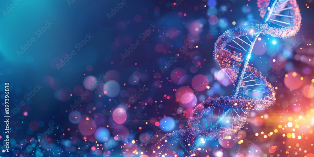 Poster abstract image of a glowing dna helix surrounded by colorful bokeh light particles, representing gen