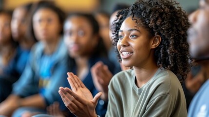Obraz premium Smiling young adult in group meeting at community center