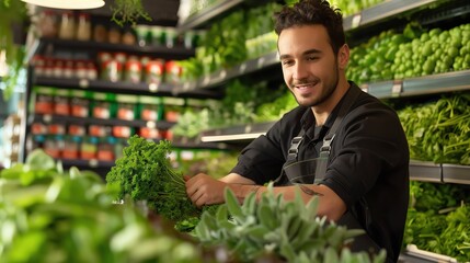 Smiling worker organizing fresh green vegetables in grocery store. Healthy food, organic produce, wholesome, friendly service.