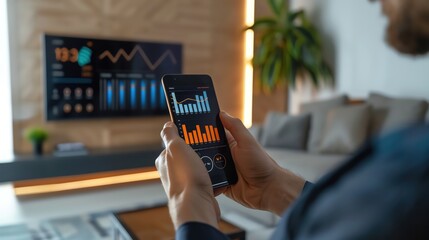 Person analyzing financial data on smartphone with graphs on TV screen in modern living room. Business and technology concept.