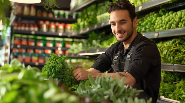 Smiling worker organizing fresh green vegetables in grocery store. Healthy food, organic produce, wholesome, friendly service.