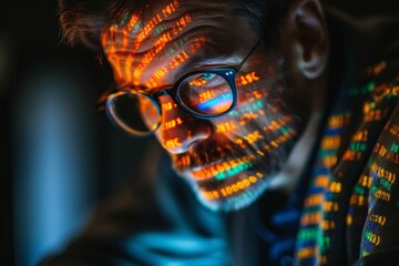 Illuminated coder at work with data projection on face